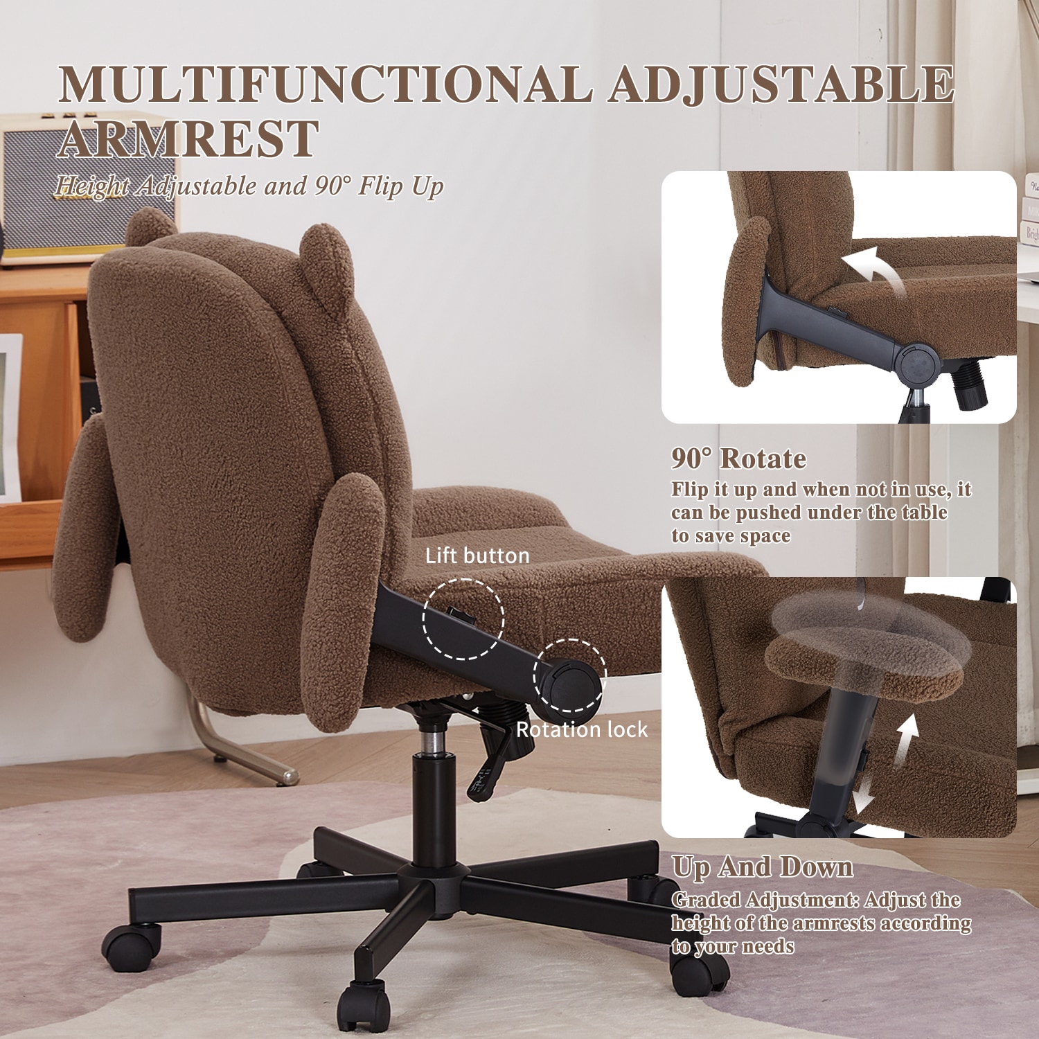 Cross Legged Office Chair With Wheels Adjustable Desk Chair Brown_voghion.com